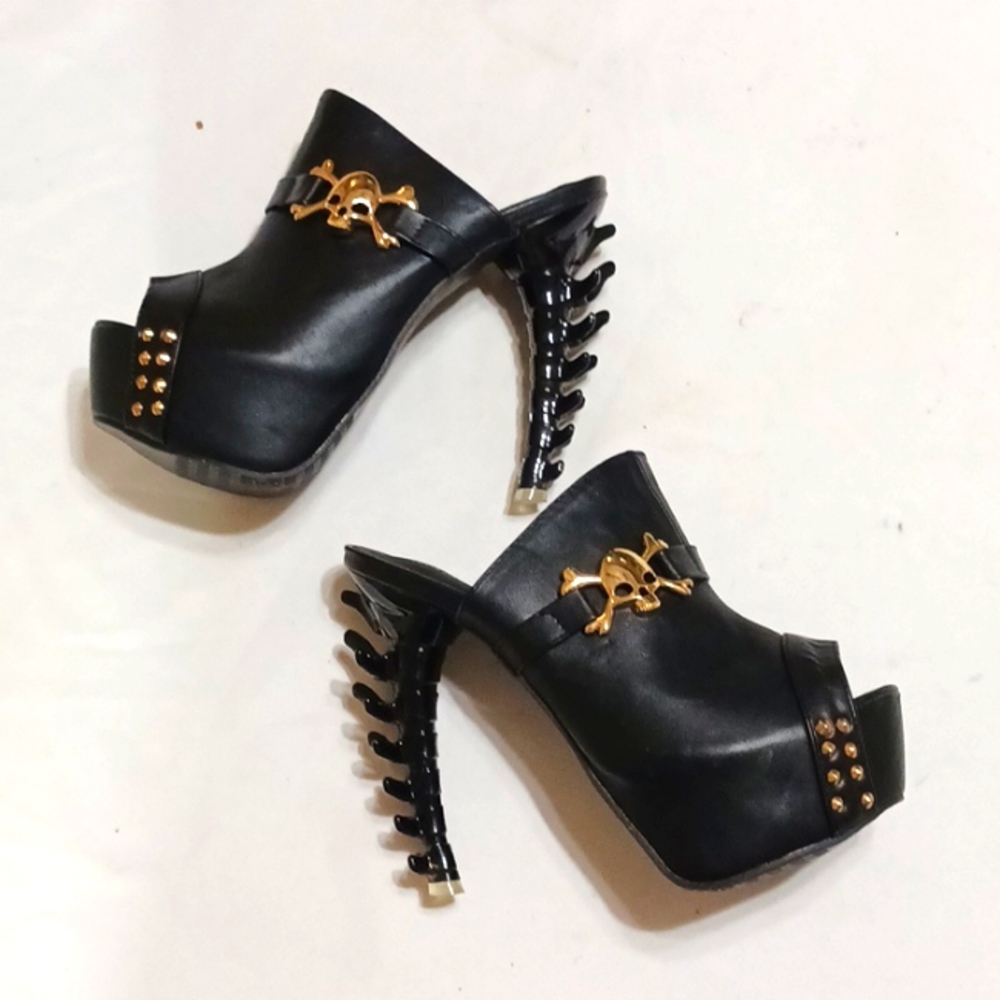 Black Platform Mule Heels with Gold Skull Accent